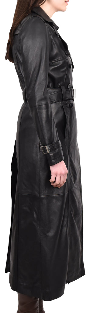 DR242 Women's Leather Full Length Trench Coat Black 5