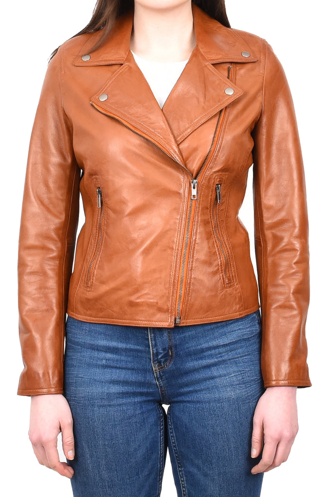 DR216 Women's Casual Smart Biker Leather Jacket Tan 5