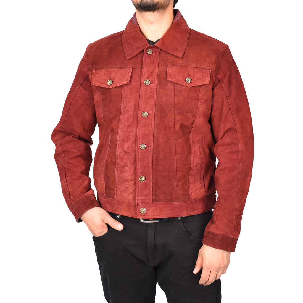 Men's Genuine Suede Buttoned Leather Jacket Trucker Style Burgundy Rorik-5