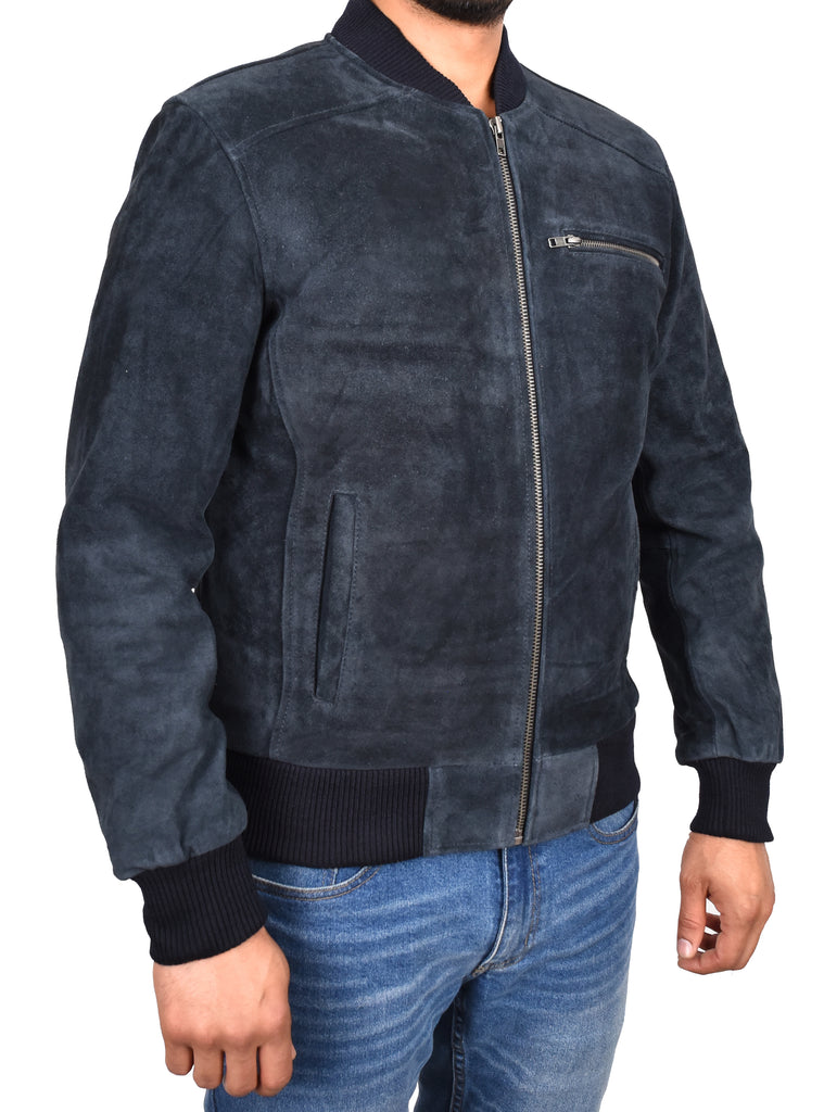 DR120 Men's Suede Leather bomber Jacket Blue 5