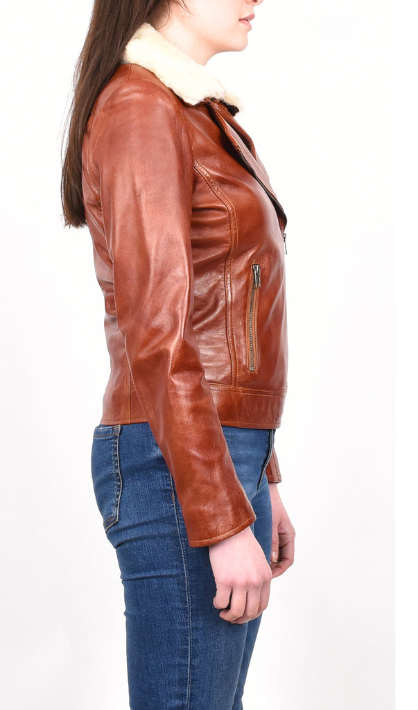 DR237 Women’s Real Chestnut Biker Jacket With Removable Sheepskin Collar 5