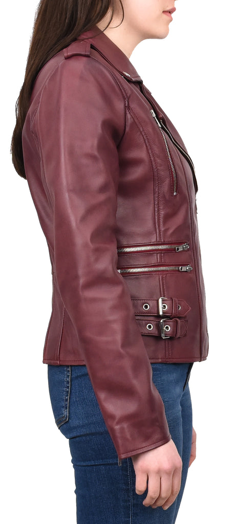 DR195 Women’s Trendy Biker Leather Jacket Burgundy 5