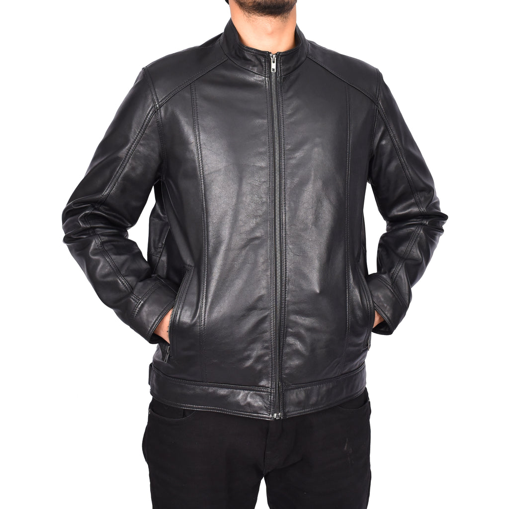 Men's Casual Biker Real Leather Jacket Black Verner 5