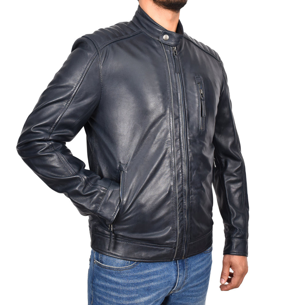 DR185 Men's Real Leather Biker Jacket Navy 5