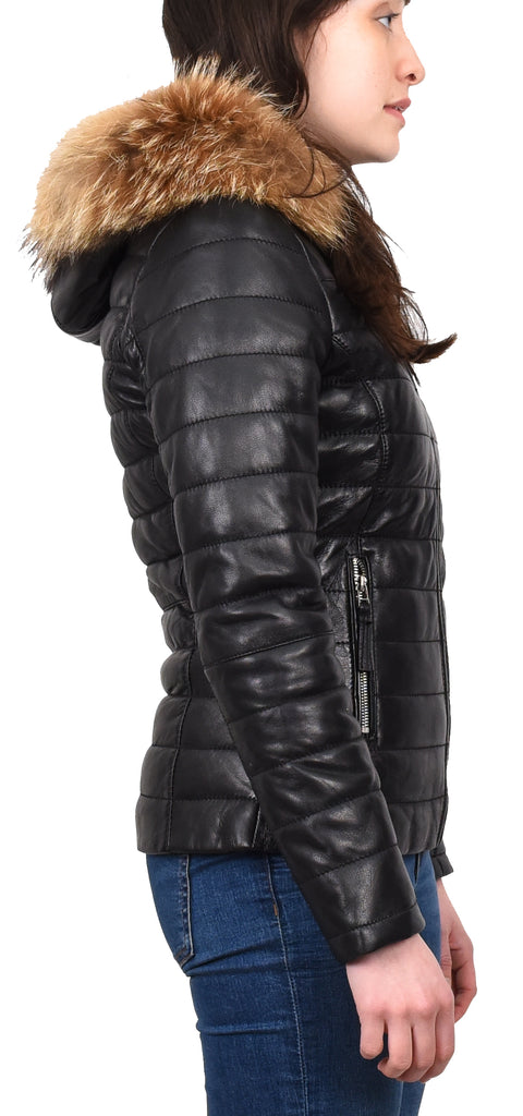 DR262 Women’s Real Leather Puffer Jacket Removable Hood Black 5