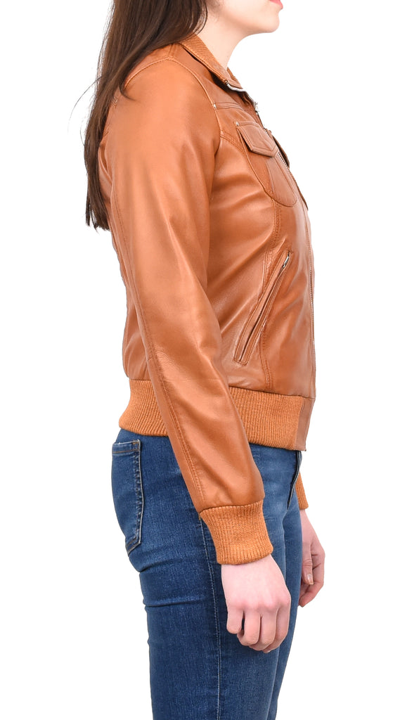 DR514 Womens Leather Classic Bomber Jacket Tan 5