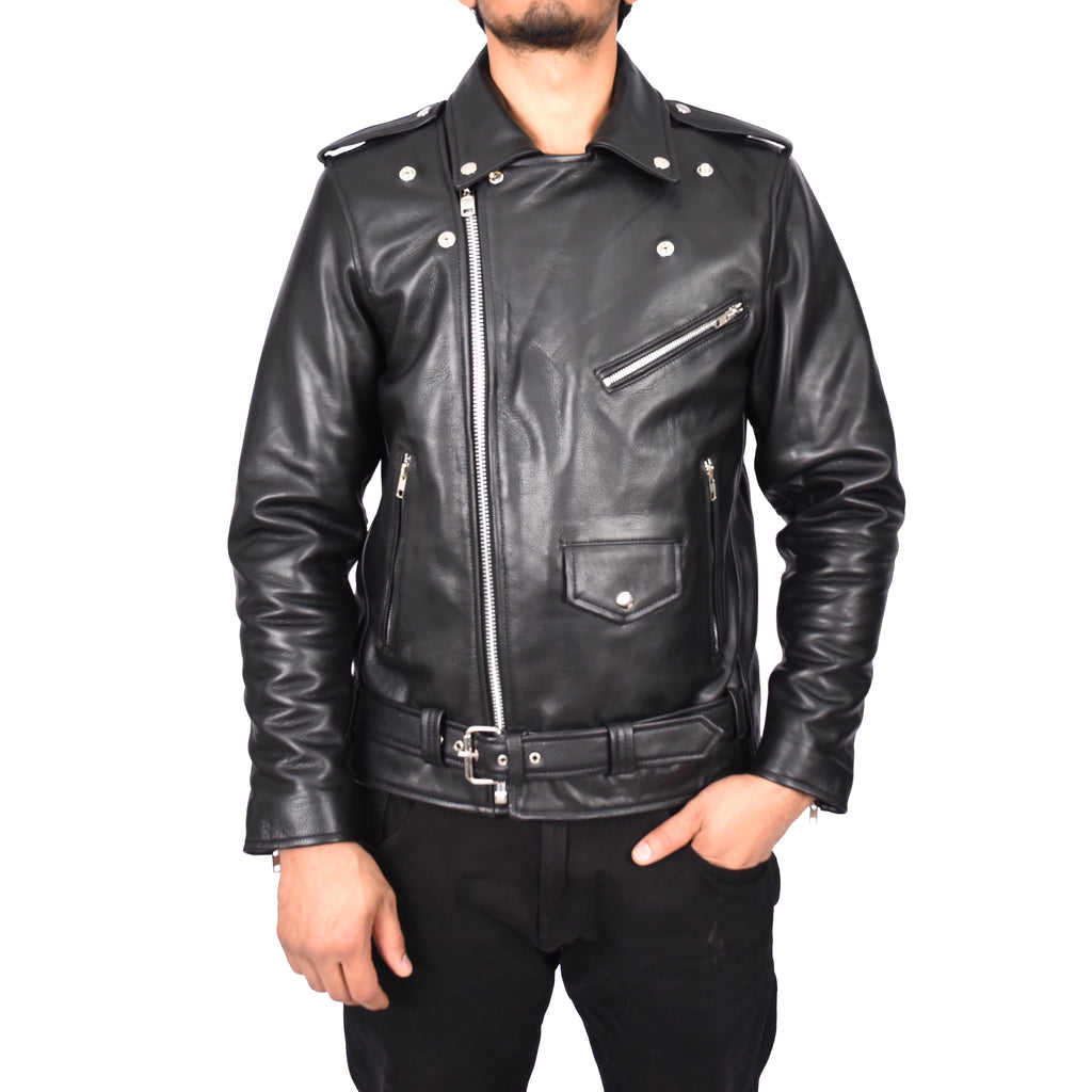 Men's Hard Wearing Real Cowhide Leather Biker Jacket Black Gunther-5