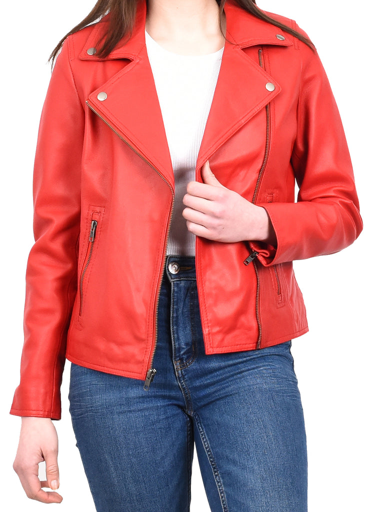 DR216 Women's Casual Smart Biker Leather Jacket Red 4