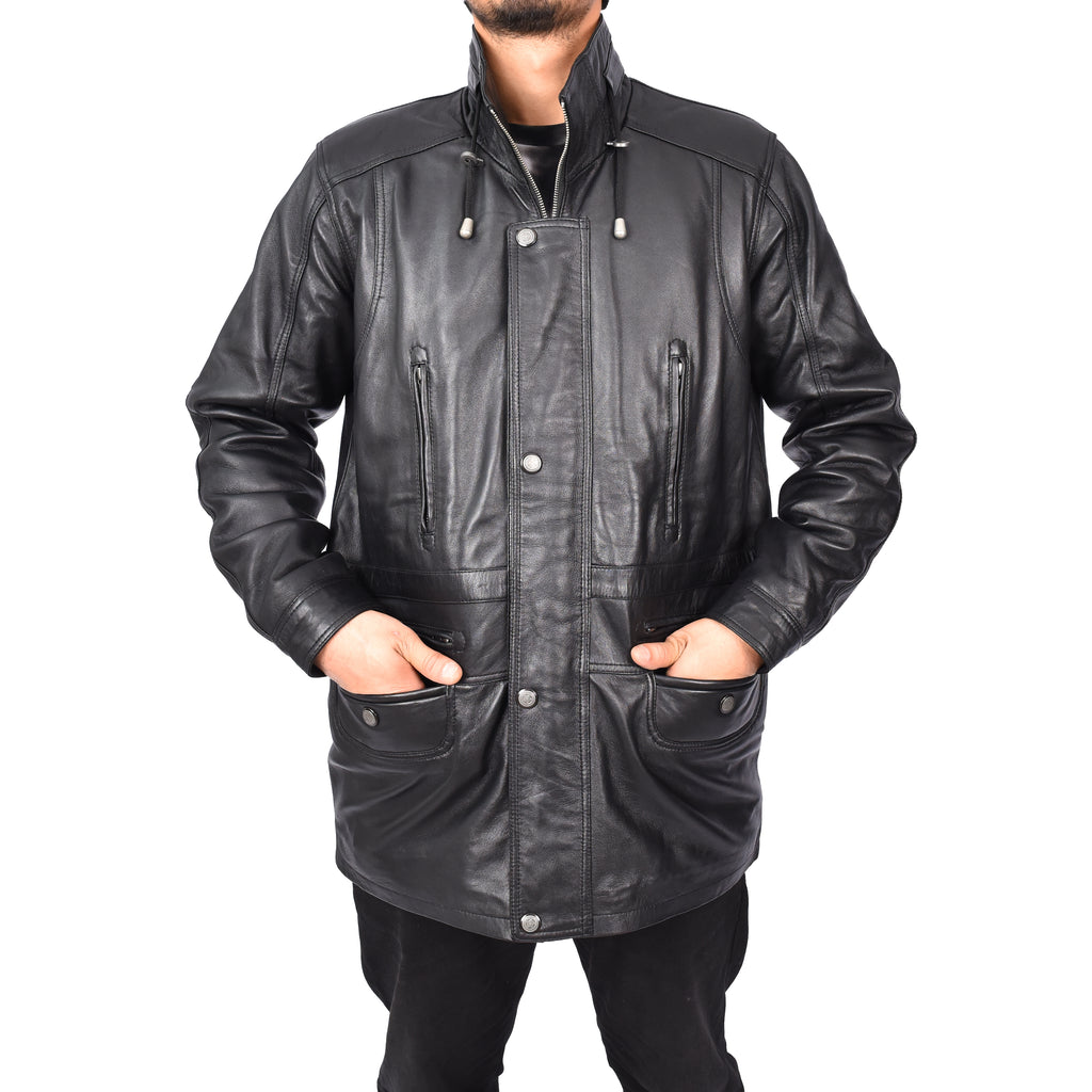 Gent's Classic Real Leather Coat Mens Parka Style Jacket Full Black Carlsen 2