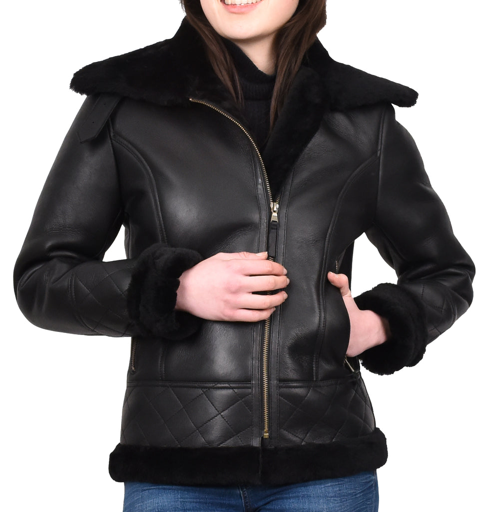 DR533 Women's Real Sheepskin Aviator Jacket Black 5