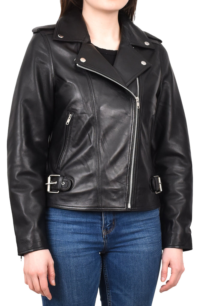 DR221 Women's Chic Biker Fitted Leather Jacket Black 5