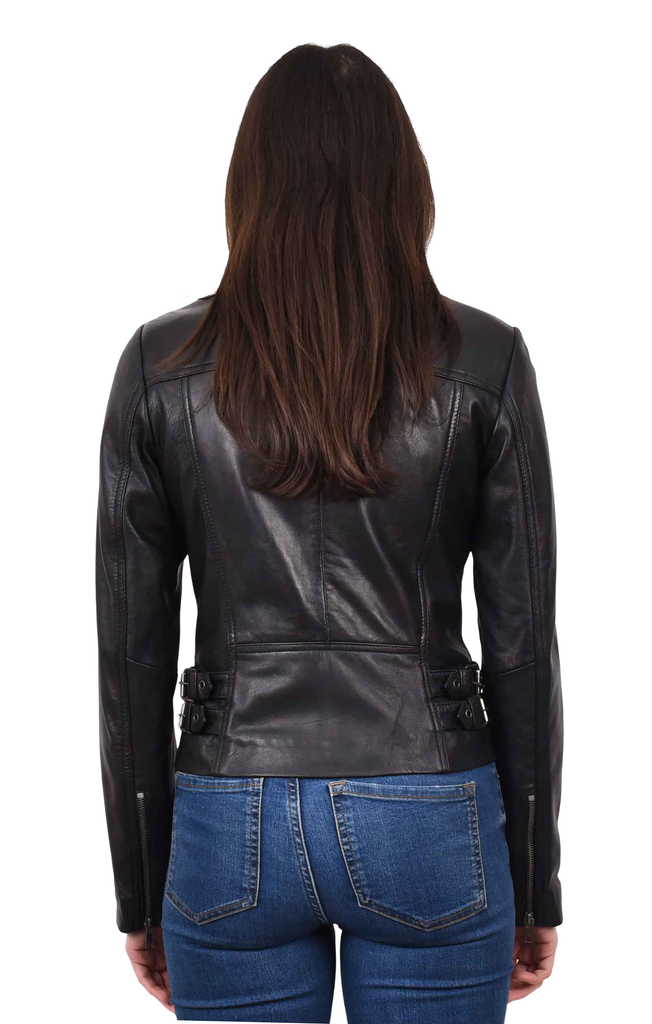 DR208 Women's Collarless Biker Leather jacket Black 5