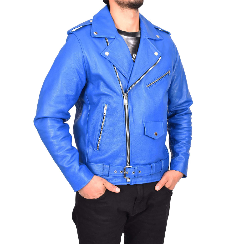 Men's Hard Wearing Real Cowhide Leather Biker Jacket Blue Gunther-5