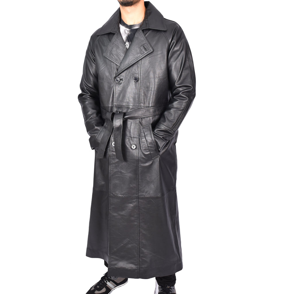 Men's Trench Double Breasted Full Length Leather Coat Black Oskar-5