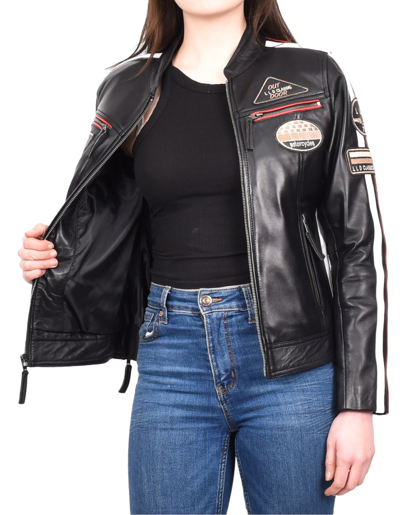 DR674 Women's Soft Real Leather Racing Biker Jacket Black 12