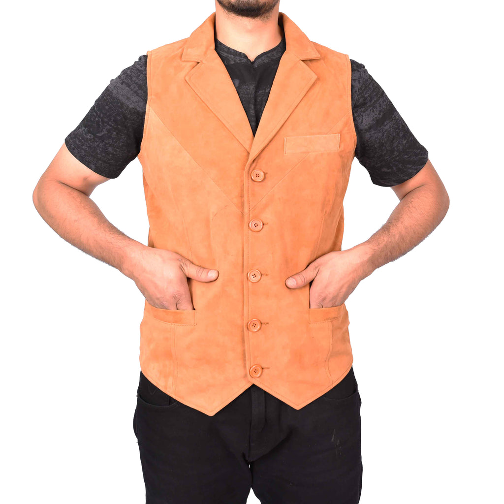 Men's Blazer Style Suede Leather Waistcoat Gents Vests Tan Howie-5