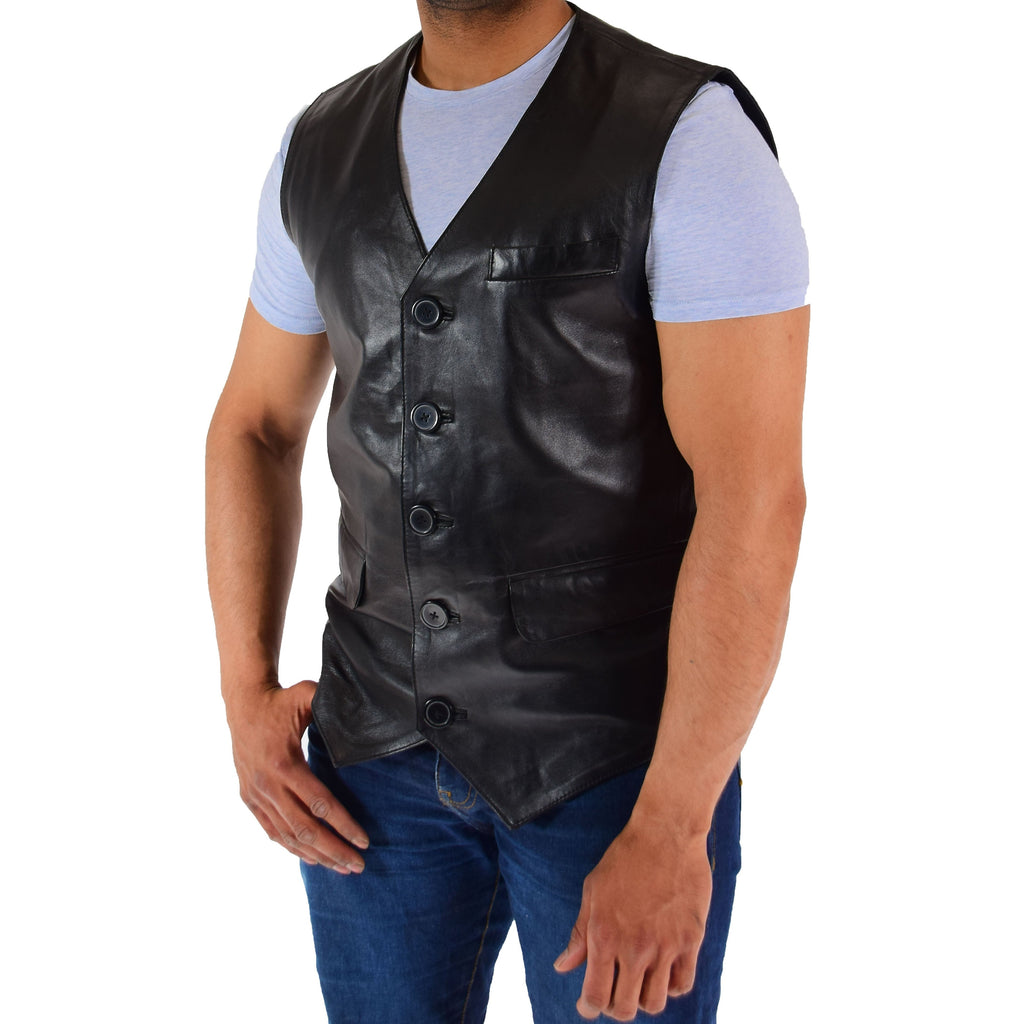 DR554 Men's Genuine Leather Gilet Vest Waistcoat Black 4