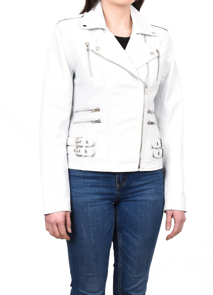 DR195 Women’s Trendy Biker Leather Jacket White Vintage 5