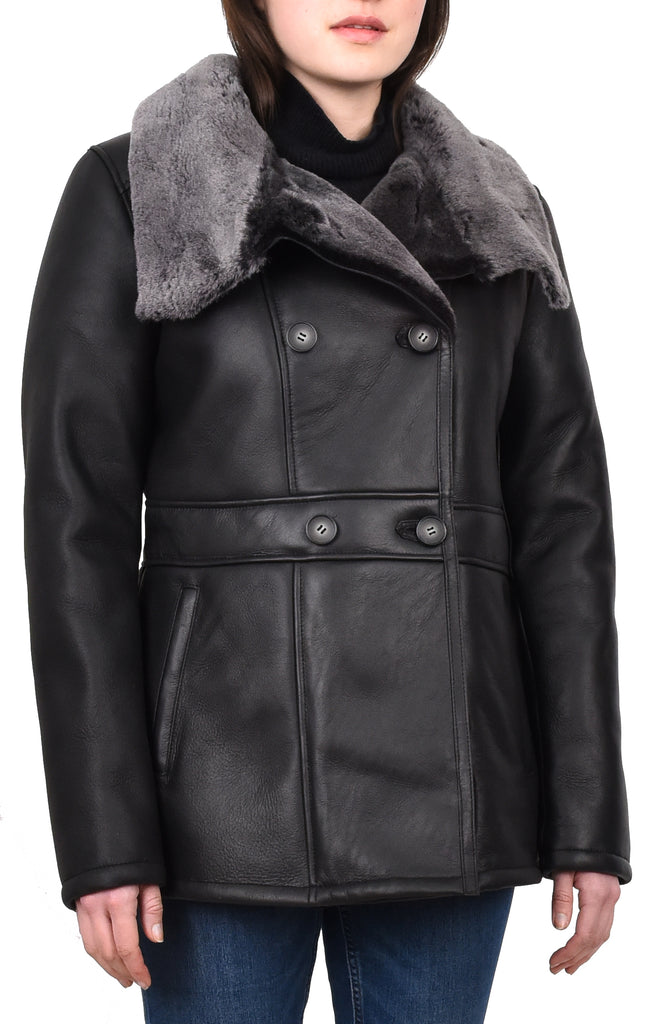 DR596 Women's Soft Sheepskin Double Breasted Fur Collar Coat Black 6