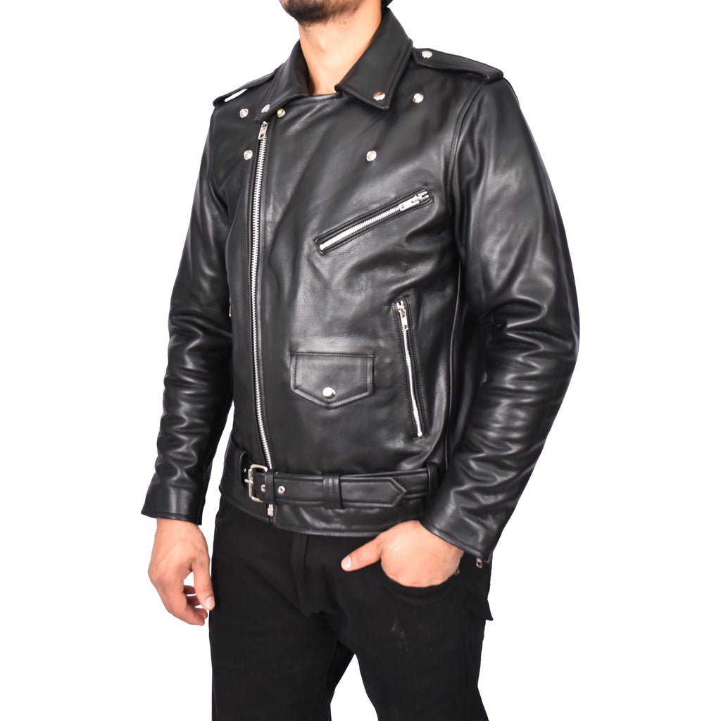 Men's Hard Wearing Real Cowhide Leather Biker Jacket Black Gunther-6