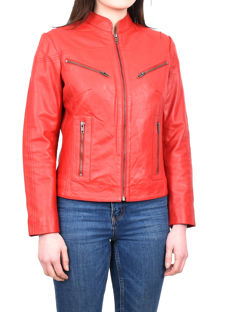 DR200 Ladies Classic Casual Biker Leather Jacket Red 6