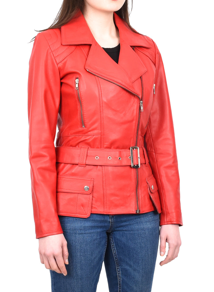 DR205 Women’s Slim Fit Cut Hip Length Biker Leather Jacket Red 6