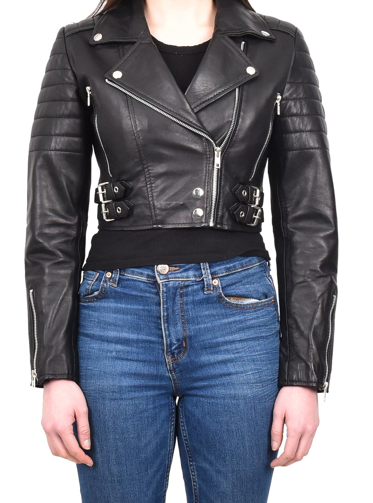 DR197 Women's Short Leather Stylish Biker Jacket Black 6