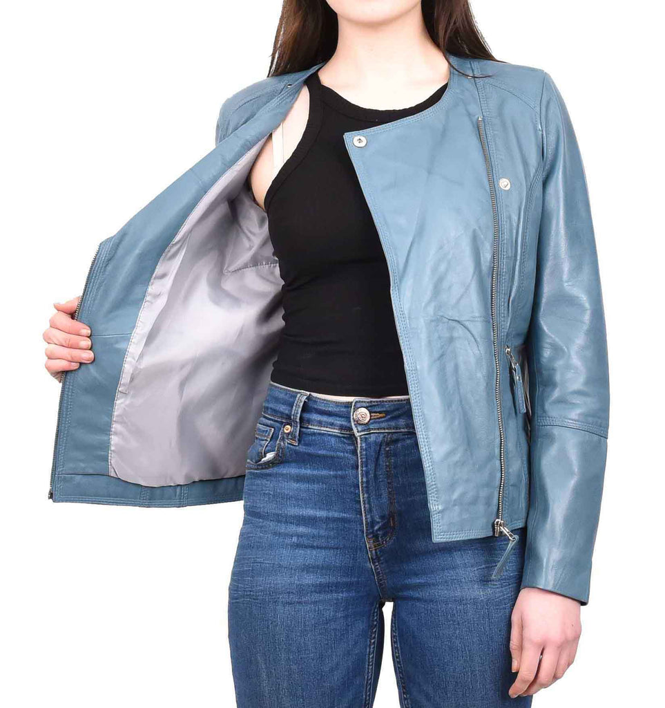 DR572 Women's Casual Cross Zip Leather Jacket Teal 12