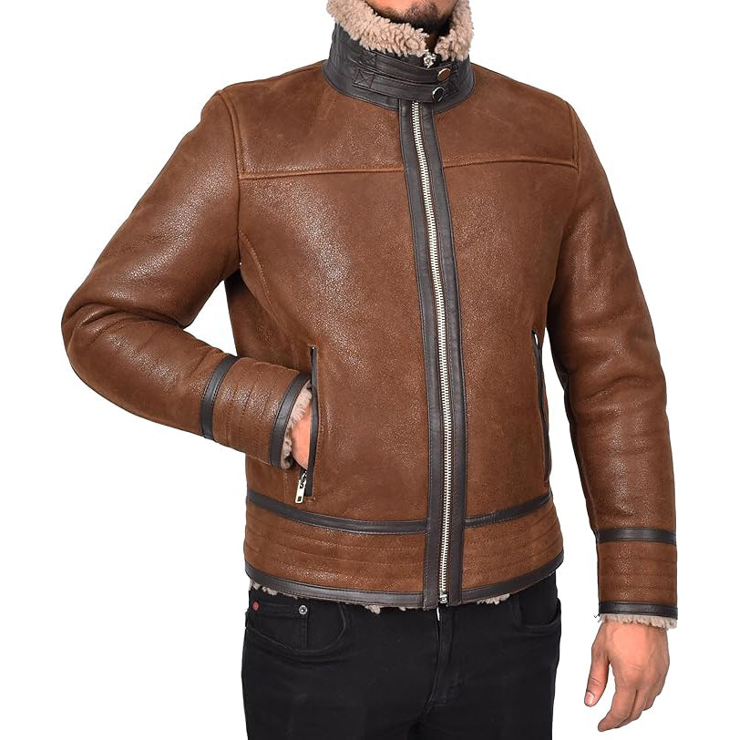 Men’s Retro Pilot Sheepskin Leather Biker Jacket  Flying Aviator Style Casper Brown-6