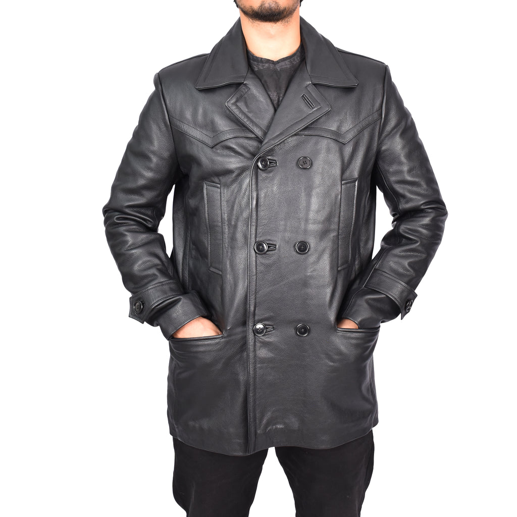 Men’s Trench Pure Leather Fitted Reefer Military Overcoat Black Denbey-6