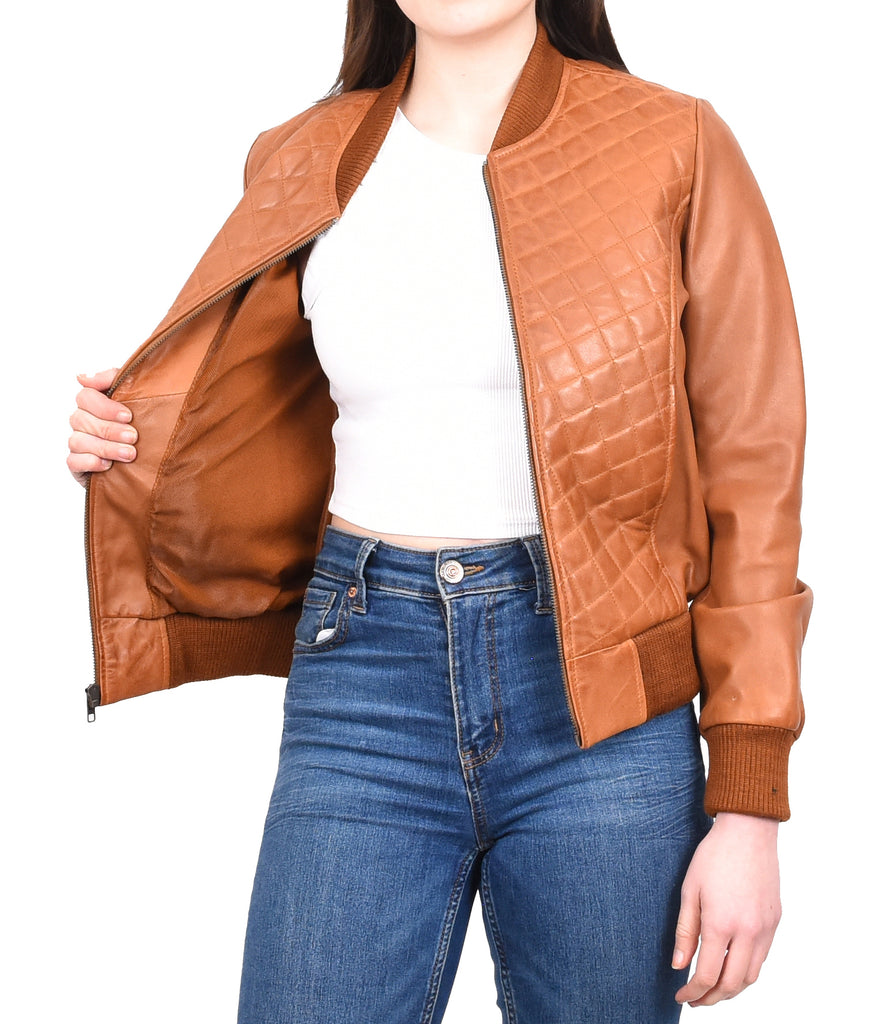 DR211 Women's Quilted Retro 70s 80s Bomber Jacket Tan 11