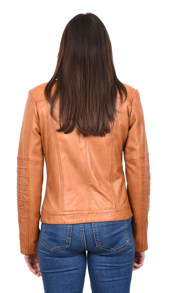 DR222 Women's Casual Biker Leather Jacket Tan 4