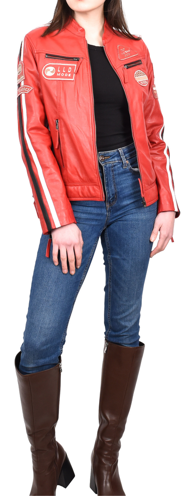 DR674 Women's Soft Real Leather Racing Biker Jacket Red 5