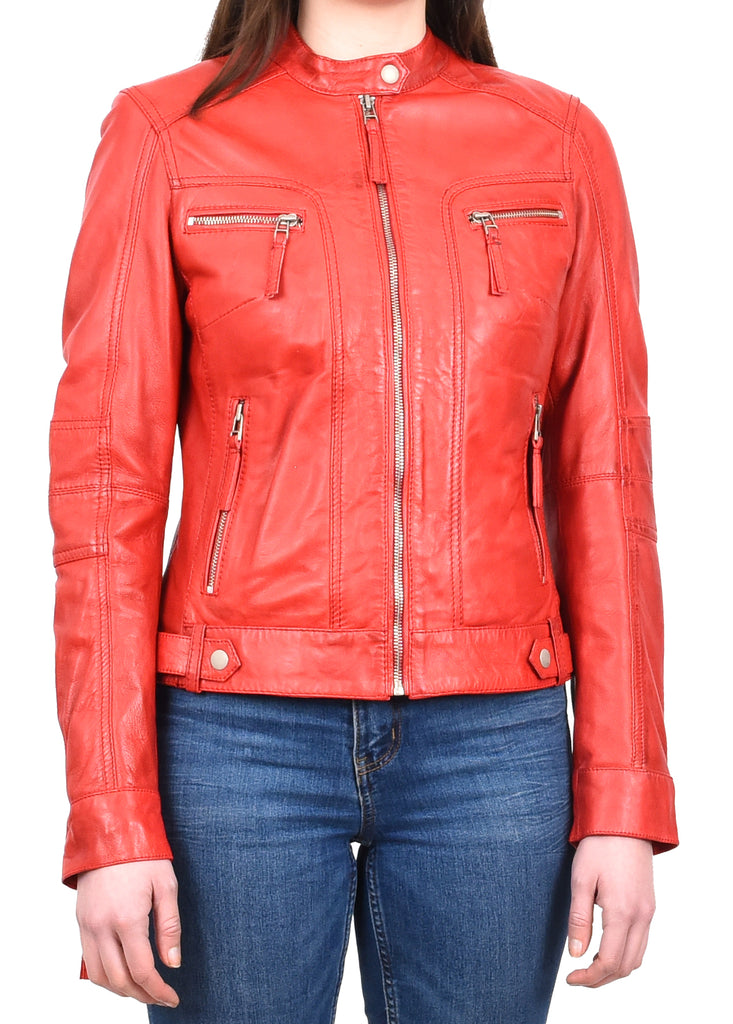 DR245 Women's Real Leather Biker Jacket Red 6