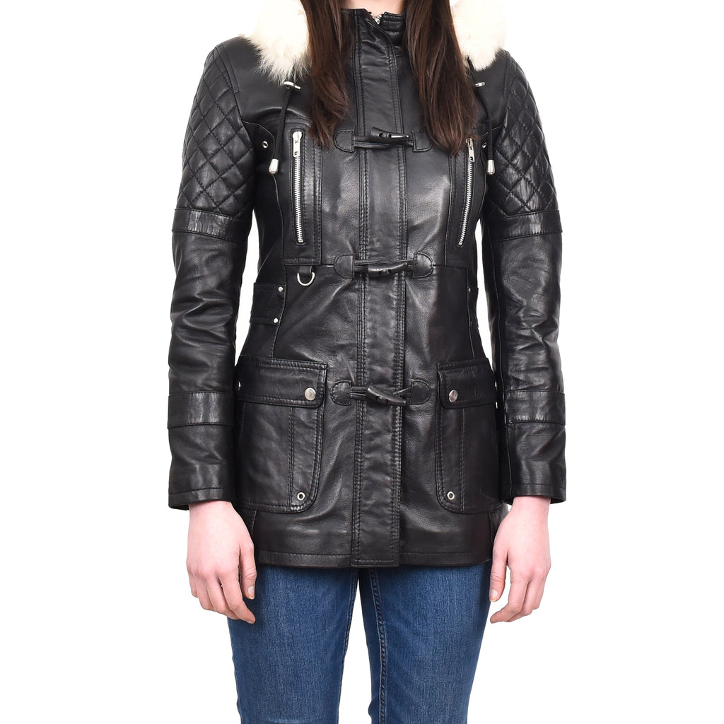 Women's Original Detachable Hoodie Duffel Leather Coat Black Velvetine-1