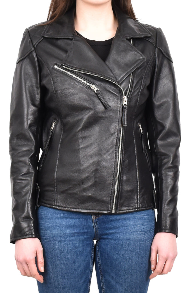 DR570 Women's Cross Zip Pocketed Real Leather Biker Jacket Black 6