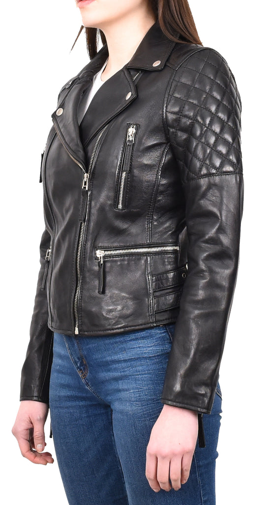 DR246 Women's Real Leather X-Zip Biker Style Jacket Black 5