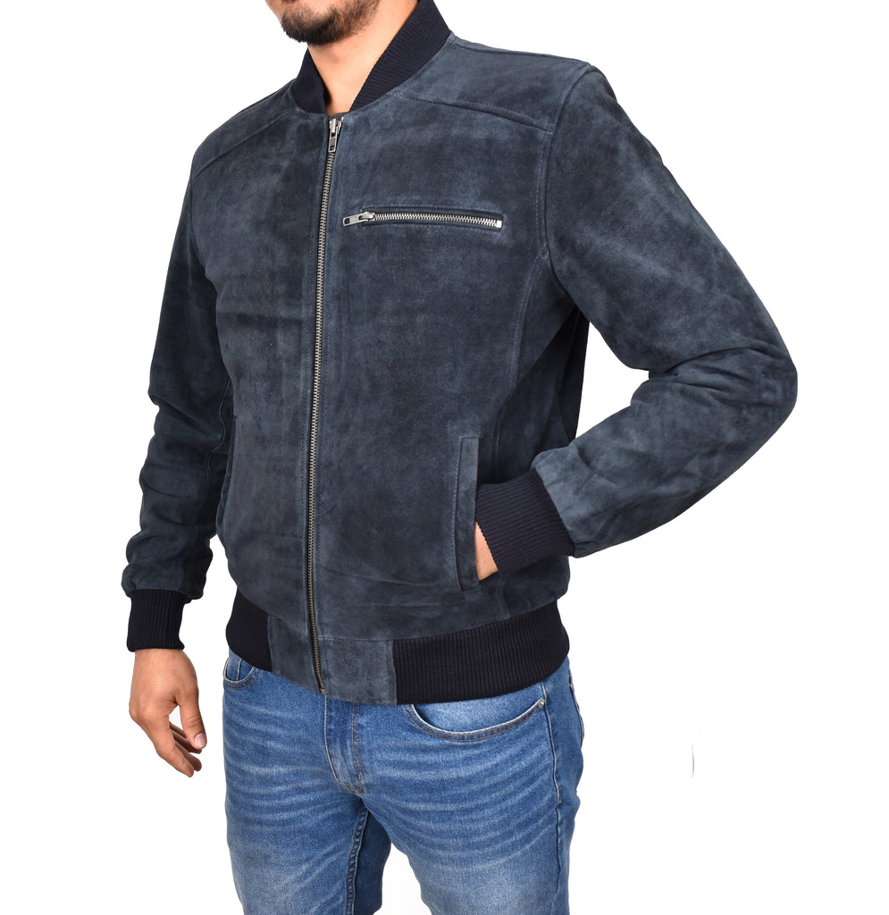 DR120 Men's Suede Leather bomber Jacket Blue 6