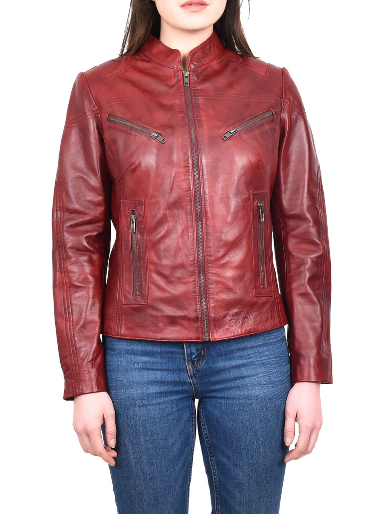 DR200 Ladies Classic Casual Biker Leather Jacket Barn Red 6