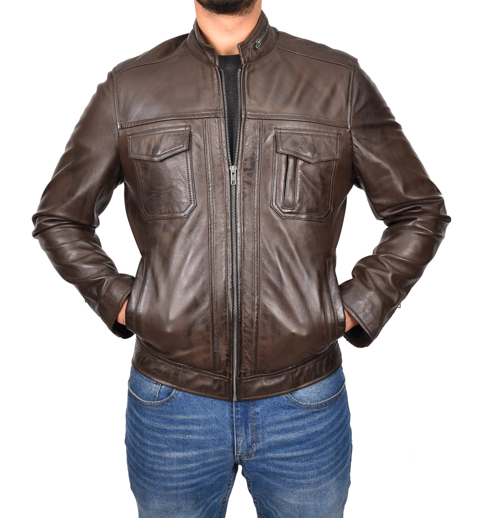 DR149 Men's Vintage Style Leather Biker Jacket Brown 6