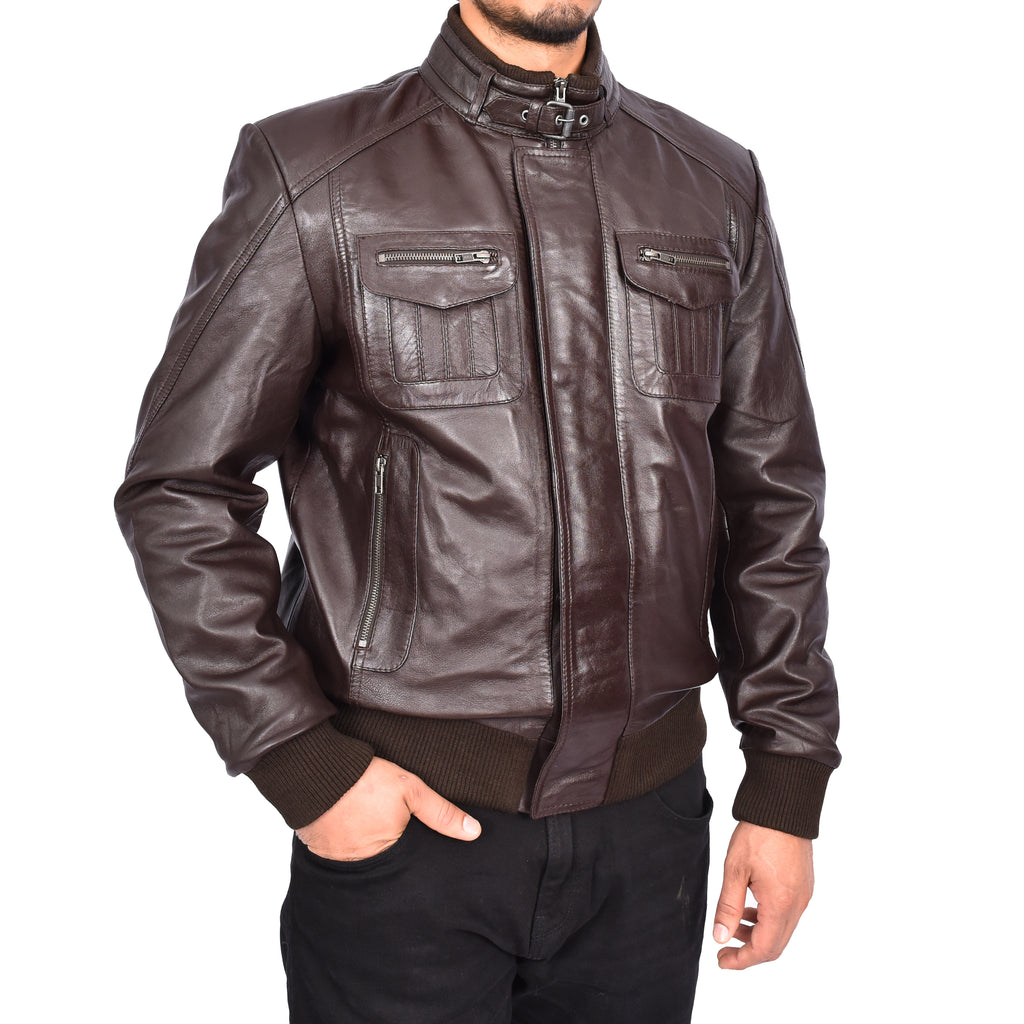 Men's Bomber Style Real Leather Jacket Brown Boden-6