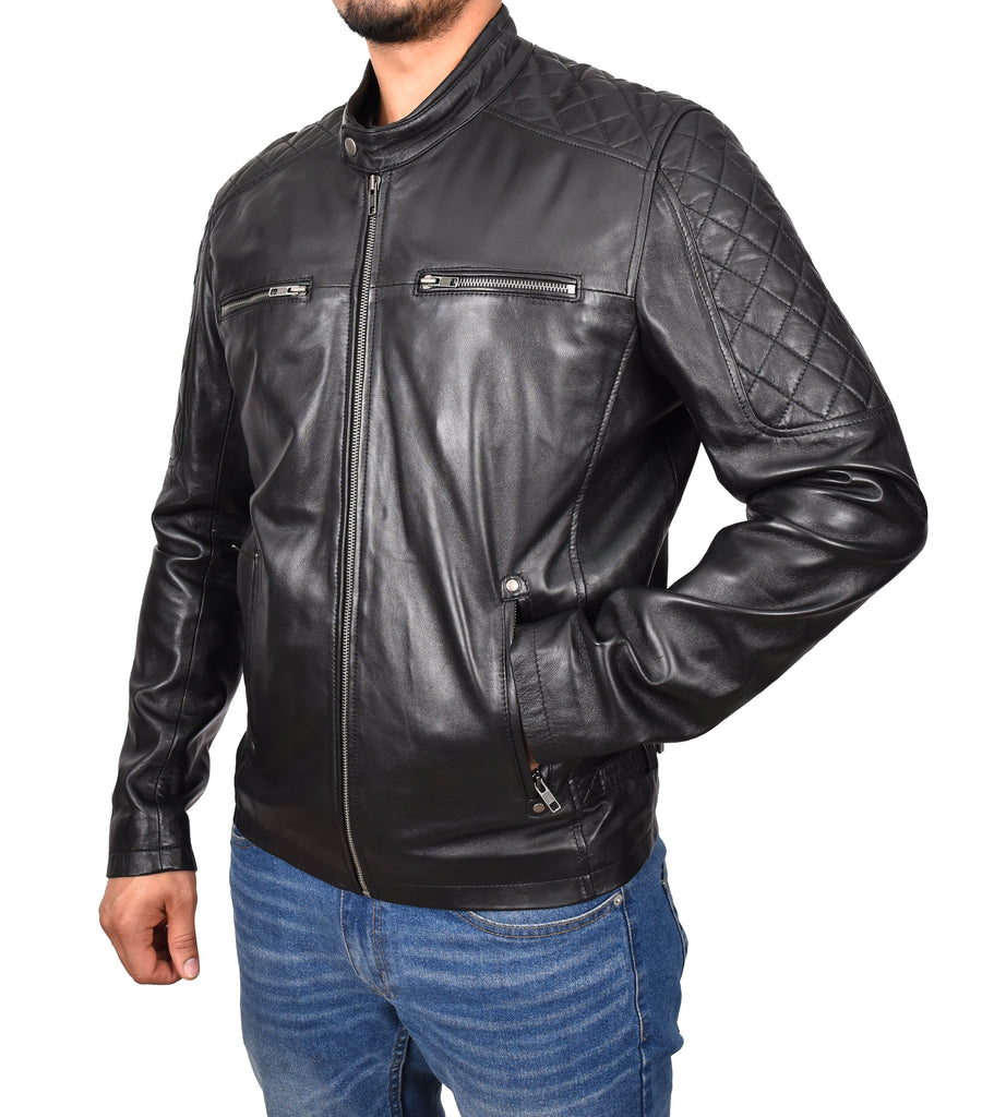 DR158 Men's Classic Quilted Biker Leather Jacket Black 6