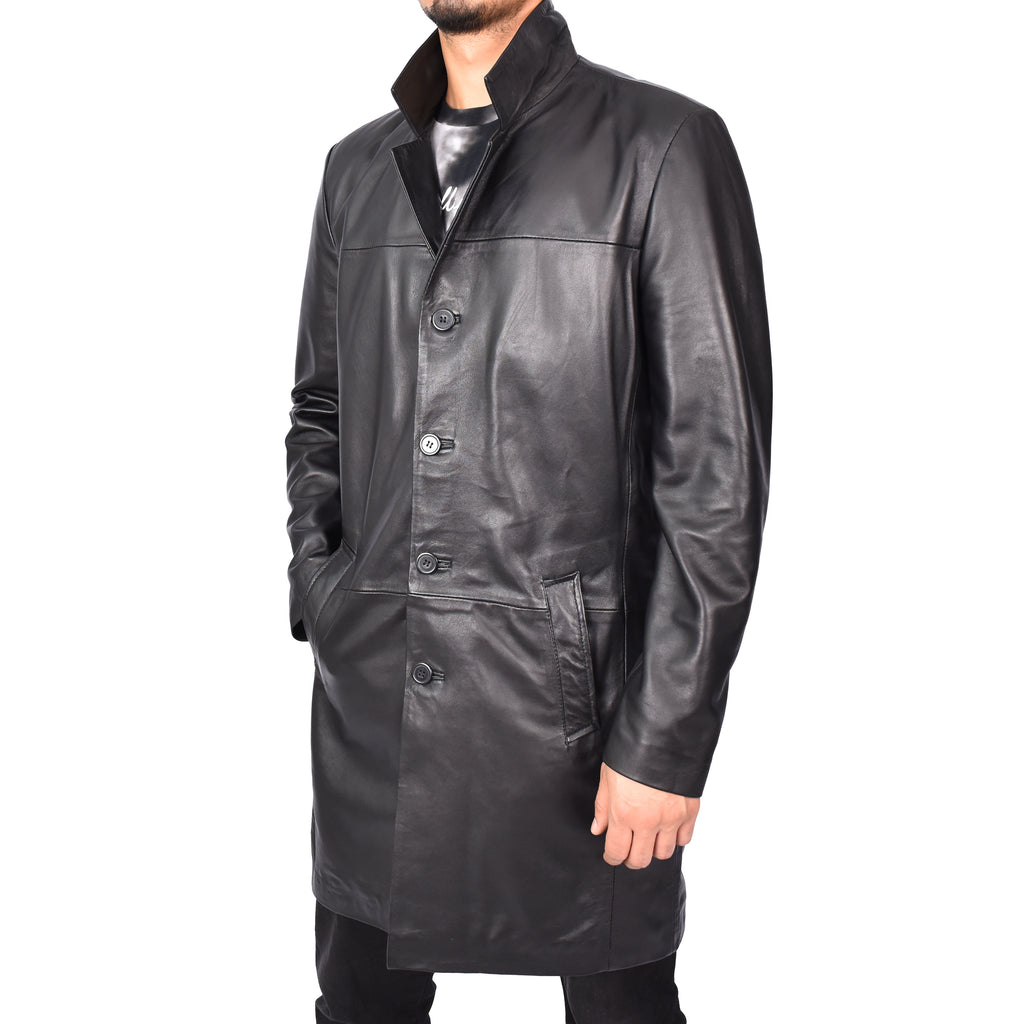 Men's Sheep Leather Coat Buttoned 3/4 Length Black Carson-6