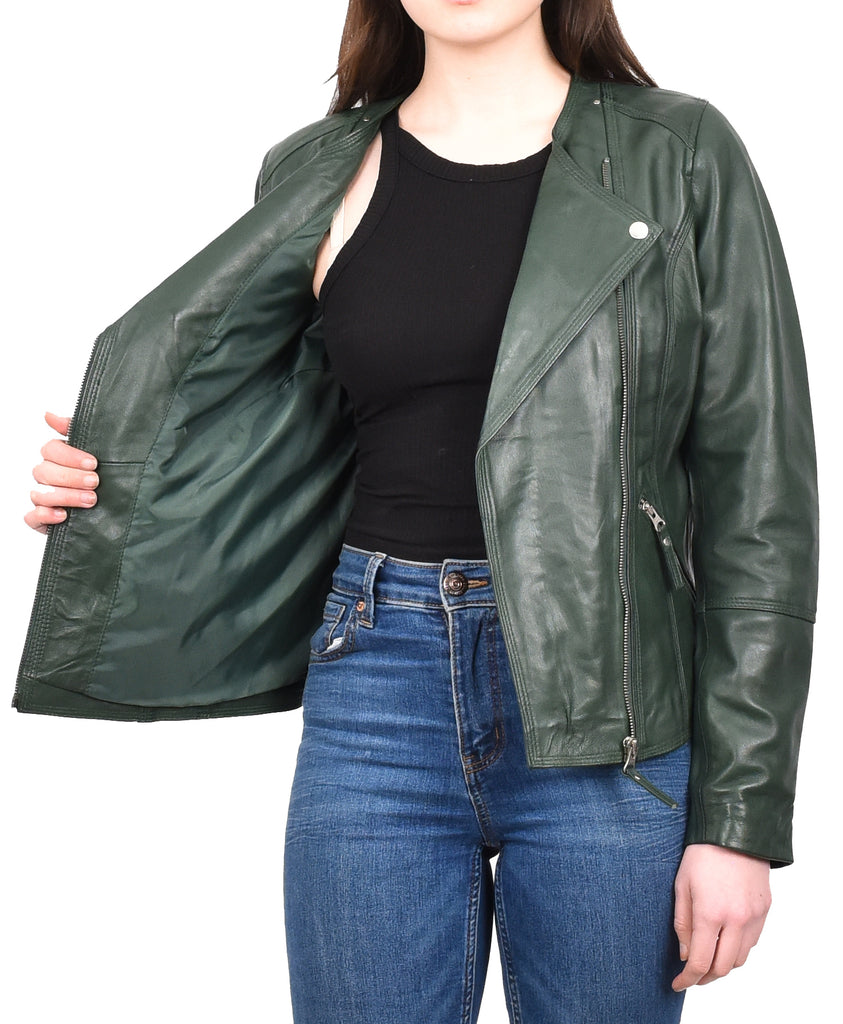 DR572 Women's Casual Cross Zip Leather Jacket Green 11