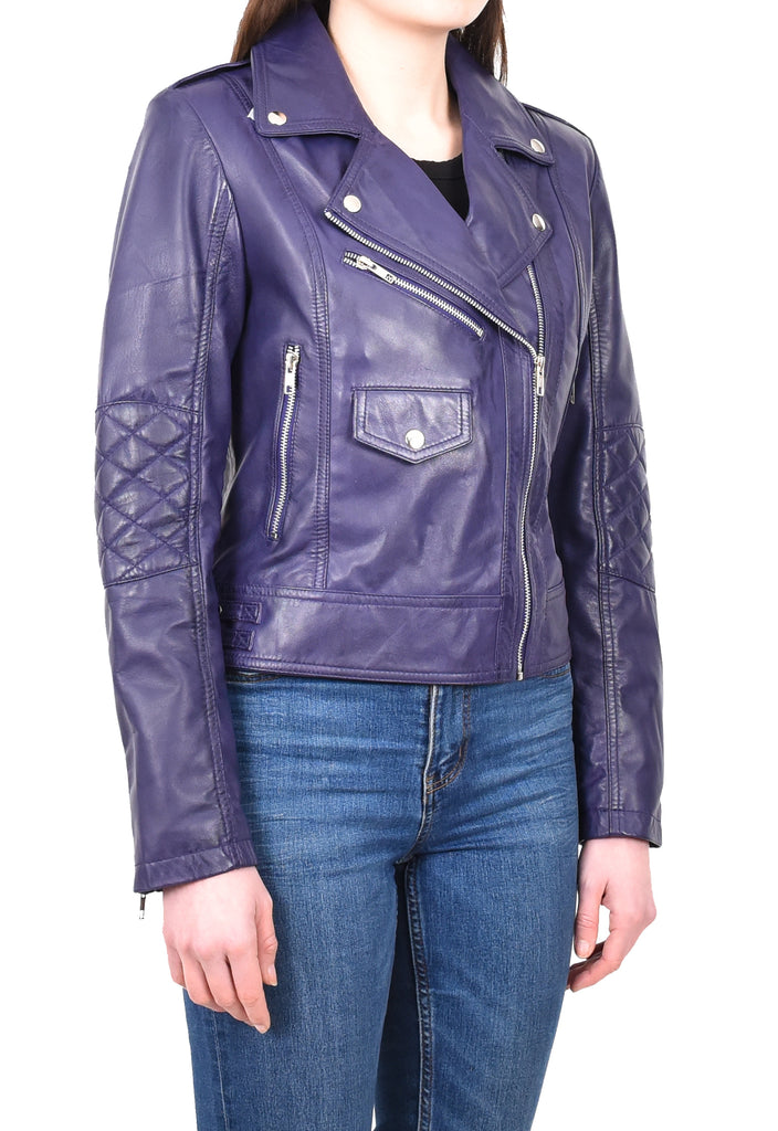 DR207 Women's Real Leather Biker Cross Zip Jacket Purple 7