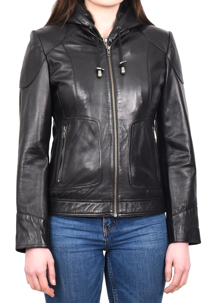 DR266 Women’s Black Leather Biker Style Jacket With Removable Hood 6