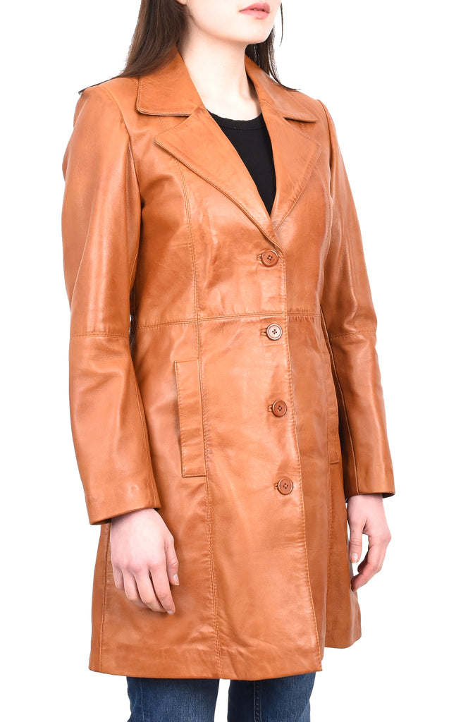 DR196 Women's 3/4 Length Soft Leather Classic Coat Tan 6