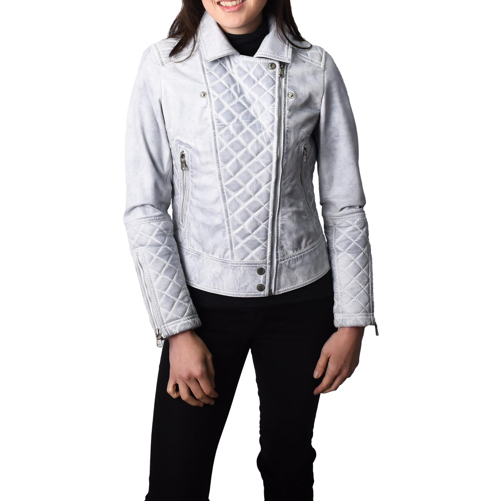 Women's Real Leather Biker Jacket with Quilt Detail White Motoquilt 5