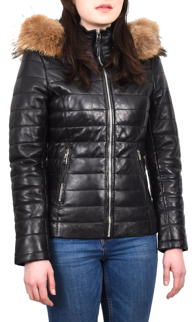 DR262 Women’s Real Leather Puffer Jacket Removable Hood Black 6