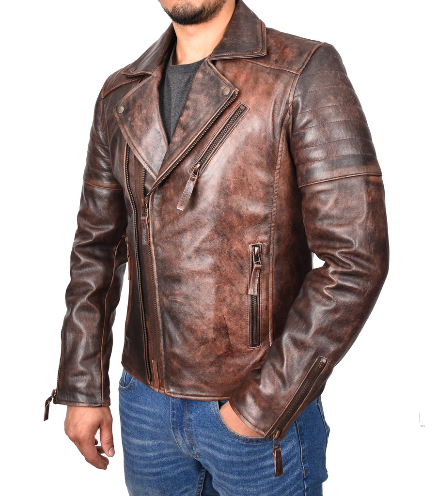 DR145 Men's Quilted Biker Leather Jacket Rust 6